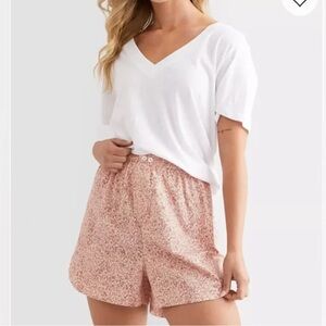 White V-Neck Tee with Pink Floral Sleep Shorts